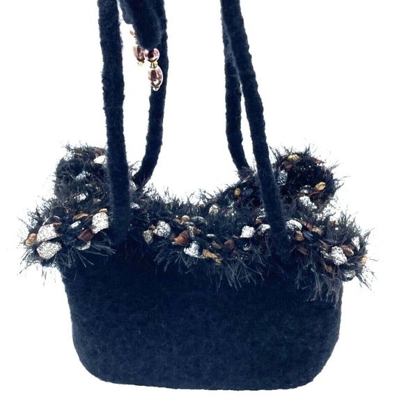 Vintage Convertible Wool Drawstring Purse Black with Metallic Accents and Beads - Picture 1 of 9
